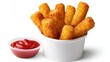 © ShahinAlam - A 4K photo of  fried mozzarella sticks in cup on white background.