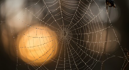 Closeup of a dewcovered spiderweb with golden bokeh background