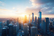© Nart - A futuristic city skyline glows with bioluminescent lights as nightfall approaches. Sleek skyscrapers reflect a vibrant atmosphere during the golden hour, showcasing modern urban innovation.