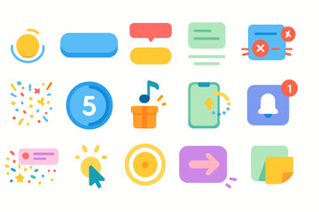 Colorful flat icon set for messages, notifications, arrows, and interface elements