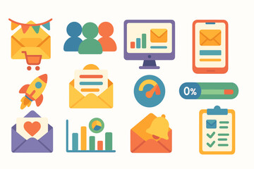 Business, communication flat icon set for email, analytics, and notifications