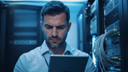 A man in a server room using a tablet, surrounded by servers, data cables, and equipment, illuminated by cool blue lighting
