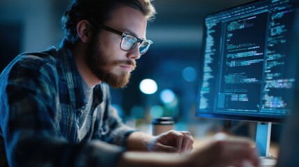 A young man wearing glasses is deeply engaged in coding on his computer in a dimly lit urban workspace during nighttime. The screen displays complex programming lines
