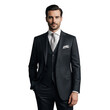 © ALIP STOCK - Sophisticated man in charcoal gray three-piece suit with light pink shirt and silver tie transparent background