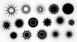 © Saba - Black radial sunburst and starburst shapes collection — assorted high-contrast circular burst, spiky sun, and dotted halftone starbursts in silhouette for logos, badges, backgrounds, emphasis graphics