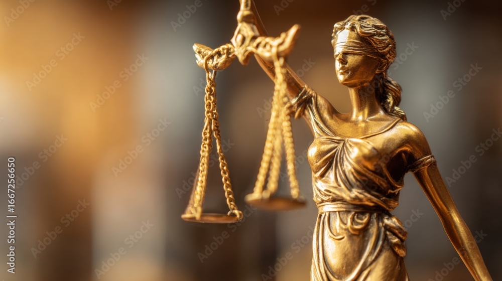 A golden statue of Lady Justice, blindfolded and holding scales, stands prominently in a courtroom, symbolizing the impartiality of the legal system and the pursuit of truth