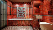 © Svetlana Leuto - luxury Art Deco bathroom with exotic red marble, geometric tile pattern. Celebrates architectural grandeur and spa-like luxury