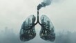 © mevideo - Dark double exposure of human lungs filled with urban skyscrapers and emitting smoke, emphasizing the deadly effects of air pollution, industrial emissions, and the urgency of environmental reform