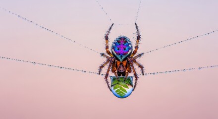 Vibrant rainbow spider with intricate web details against soft pink background