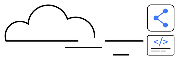 Simplified cloud beside sharing nodes and coding tag. Ideal for cloud technology, collaboration, data sharing, networking, software development, SaaS platforms, simple landing page