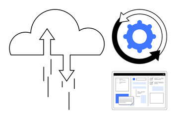 Cloud data exchange with two arrows, gear in a circular arrow symbolizing process automation, and a web interface layout. Ideal for cloud computing, automation, technology, web development