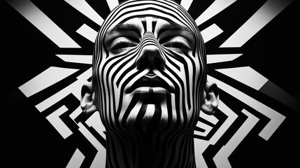 Close-up black and white face with zebra-like stripes and intricate pattern