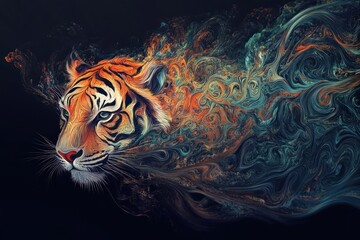  Tiger head, abstract swirls of color