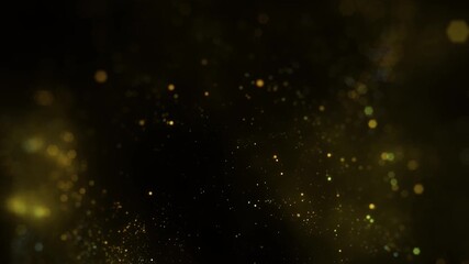 Gold dust particles fly in slow motion in the air lingering slowly. Dust Particles Background Bokeh Lights Background on Black Background 4k Footage Snow Particles Background.