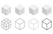 © meddesigner - Cube icons set. Three-dimensional shape in flat, linear and dotted styles.
