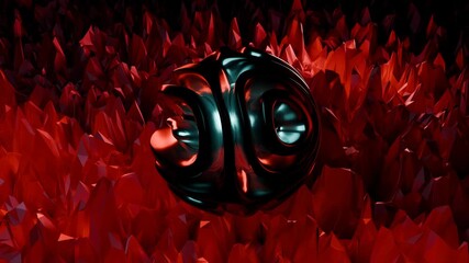 Abstract red and black sphere in crystalline environment seamless loop.