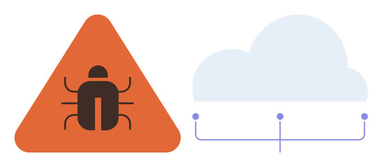 Orange warning triangle with bug icon next to a stylized cloud and lines representing connections. Ideal for cybersecurity, threat detection, software flaws, system risks, IT security, cloud