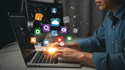 Software Developer Coding on Laptop with Emerging Application Icons: Programming, Web Development, and Digital Solutions
