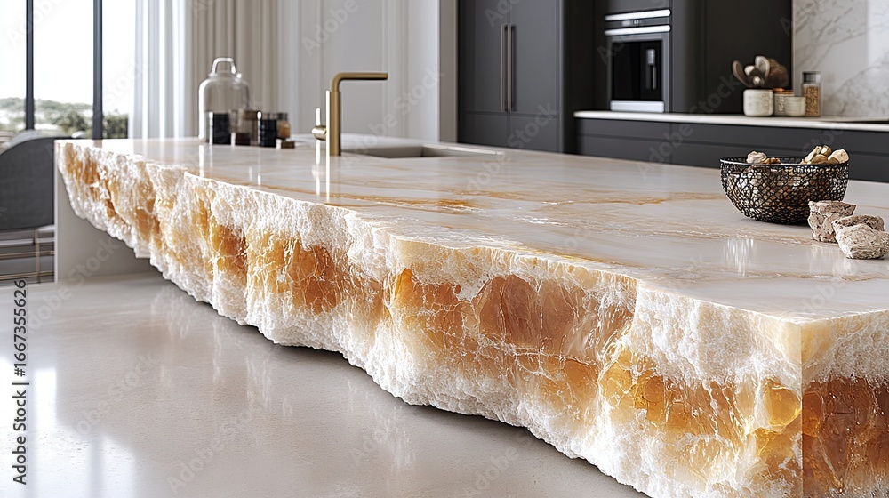 Luxurious kitchen island with natural stone countertop showcasing ...