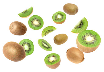 Wall Mural - Tasty fresh kiwi fruits swirling in air against white background