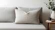 © MBAK NAH - Minimalist Serenity - Soft Natural Light on a Grey Sofa with Wrinkled Linen Pillows.