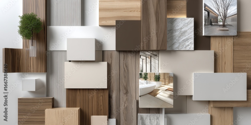 Interior design moodboard featuring samples of materials, including ...