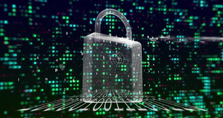 Wall Mural - Displaying wireframe digital padlock glowing in cyberspace, with binary grid and floating squares