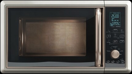 A metallic beige microwave oven with a digital display showing 