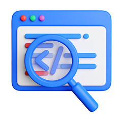 3D icon, web page, code, magnifying glass