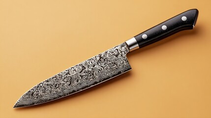 A chef's knife with a hammered, textured, steel blade and a black, three-rivet handle rests on a pale orange background.  The blade tapers to a sharp point