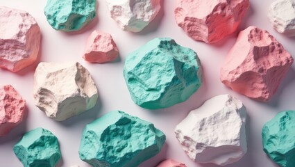 Pastel-colored rocks in various shapes and sizes form an abstract pattern on a plain background.