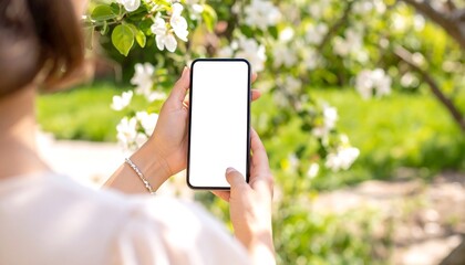 Woman using phone with spring garden.