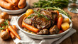 © Danielle - Classic American pot roast with beef chuck carrots and Yukon gold potatoes. Concept Classic American pot roast recipe with beef chuck, carrots, and Yukon Gold potatoes