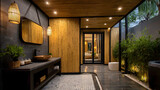 Outdoor bamboo house bathroom with wooden sink and mirror