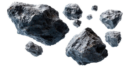 Wall Mural - Group of dark textured asteroids with glowing orange mineral deposits suspended against a white void, cut out transparent