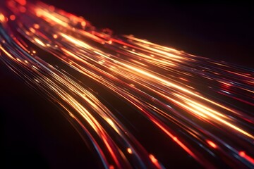Wall Mural - Red and gold light beams, lines of light, motion blur, glowing effect on a dark background. Abstract background with speed lights for technology or science themes. 