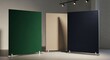 © GUNARTOGRAPHY - Modern Acoustic Office Partitions in Green, Beige, and Navy Under Studio Lights.