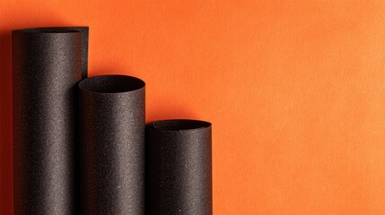 Canvas Print - Black Paper Rolled Tubes on Orange Background for Creative Use