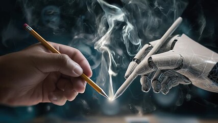 3D animation of robot hand and human hand holding pen together on opposite sides writing text collaboration