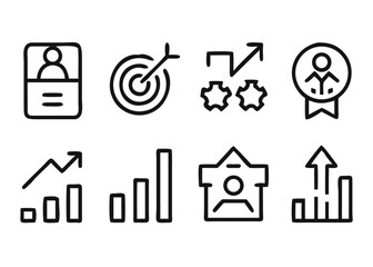 A comprehensive collection of line style web icons representing upward progress and business advancement designed for digital interfaces and presentations
