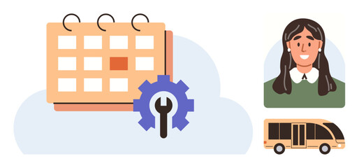 Calendar with wrench and gear, female profile, and a bus. Ideal for logistics, travel planning, transport management, time management, coordination customer service and technology. Simple flat