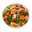 © An - A bowl of stir-fried vegetables with tofu cubes and green beans in a savory sauce.
