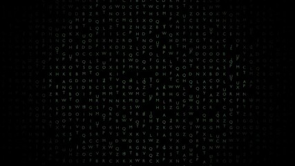 A futuristic abstract motion background featuring random characters and letters appearing on a dark digital screen
