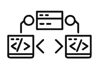 Hand drawn software code doodle icon set featuring programming symbols and development elements in a sketchy style