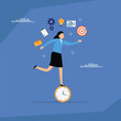 © Creativa Images - A businesswoman balancing on a clock, surrounded by business icons, symbolizing time management, productivity, and achieving goals under time pressure 2d flat vector illustration