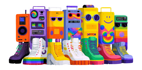 Colorful Retro Style Objects with Vibrant Designs and Transparent Background