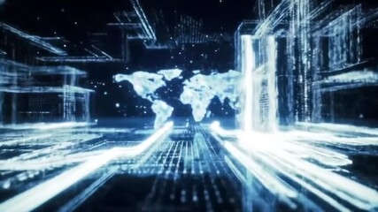 Futuristic global network concept showing a holographic world map with digital data streams and information