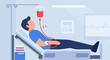© KBTO - Patient in a hospital bed receiving an intravenous blood transfusion from an IV drip bag. Medical healthcare and donation concept vector illustration