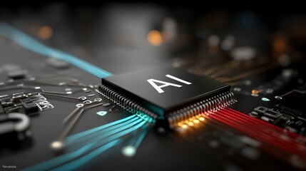 Futuristic artificial intelligence icon glowing on dark blue background with digital cubes and microchip elements, symbolizing modern AI technology, machine learning, innovation