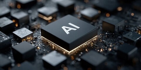 Futuristic artificial intelligence icon glowing on dark blue background with digital cubes and microchip elements, symbolizing modern AI technology, machine learning, innovation